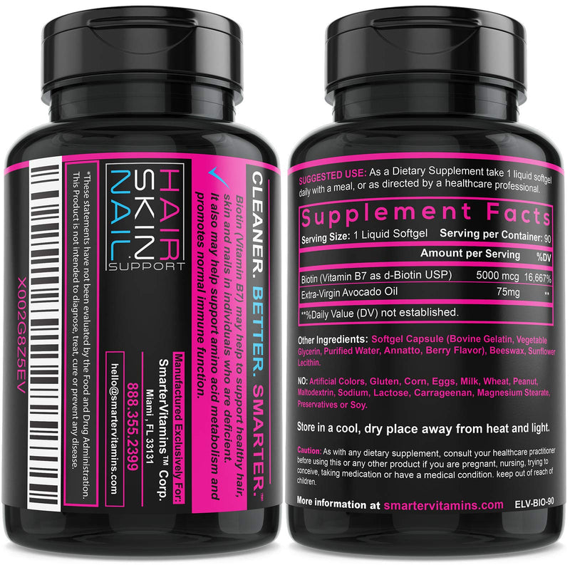 2 Pack Biotin 5000mcg Vitamin B7 with Avocado Oil 180 Mini Liquid Softgels | Supports healthy hair, skin and nails with non-GMO ingredients, no soy and a convenient berry-flavored daily beauty formula 2