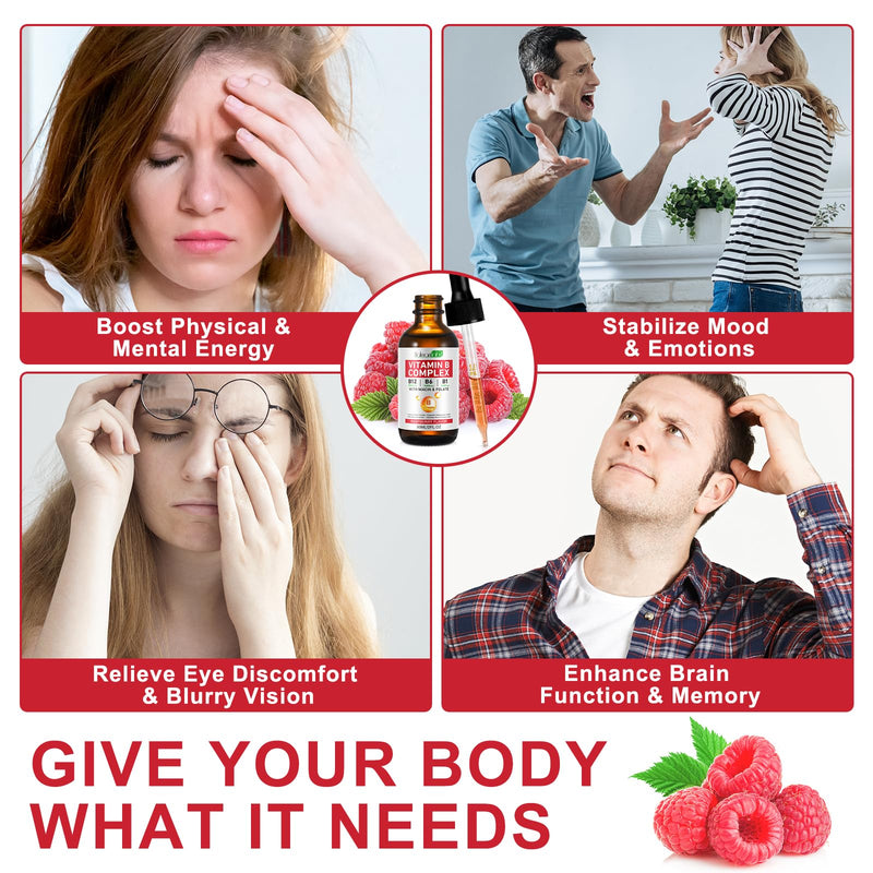 Liquid Vitamin B Complex Supplement, B Vitamins Complex - Vitamin B12 B1 B6 Niacin & Folate, 60ml, Raspberry Flavour - Supports Brain Heart Function, Elevates Mood & Energy Levels