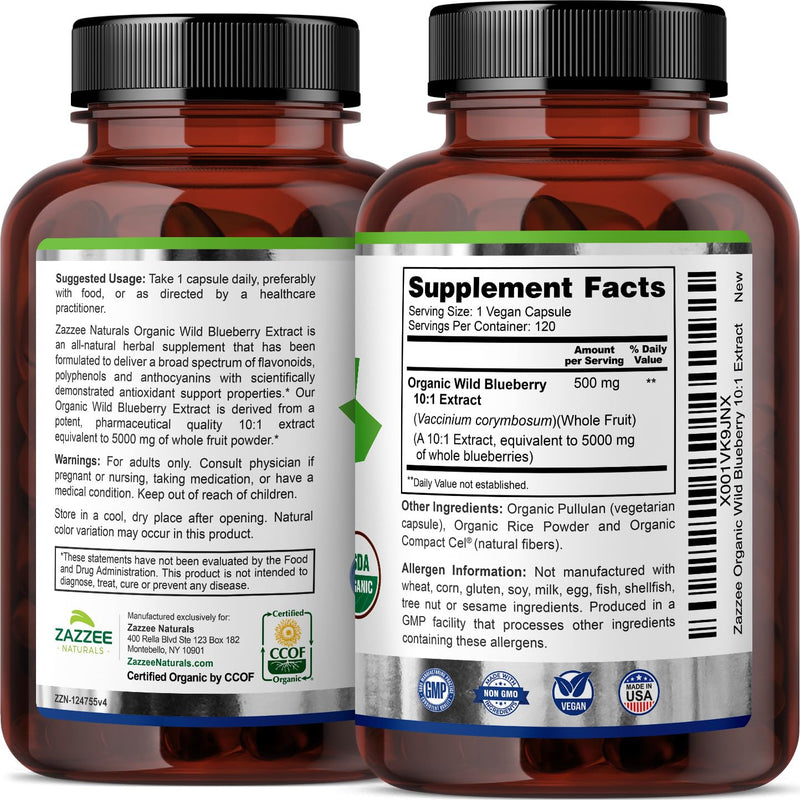 [Australia] - Zazzee USDA Organic Wild Blueberry 10:1 Extract, 5000 mg Strength, 120 Vegan Capsules, 4 Month Supply, Concentrated and Standardized 10X Whole Fruit Extract, 100% Vegetarian, All-Natural and Non-GMO 