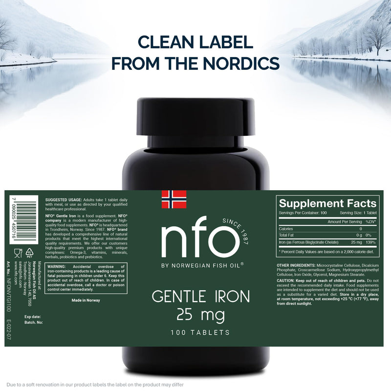 NFO Gentle Iron [100 Tablets] Norwegian Fish Oil Natural High Dose Iron Complex with The Patented Ferrochel Formula The Most bioavailable Form Against IronDeficiency Suitable for Vegans