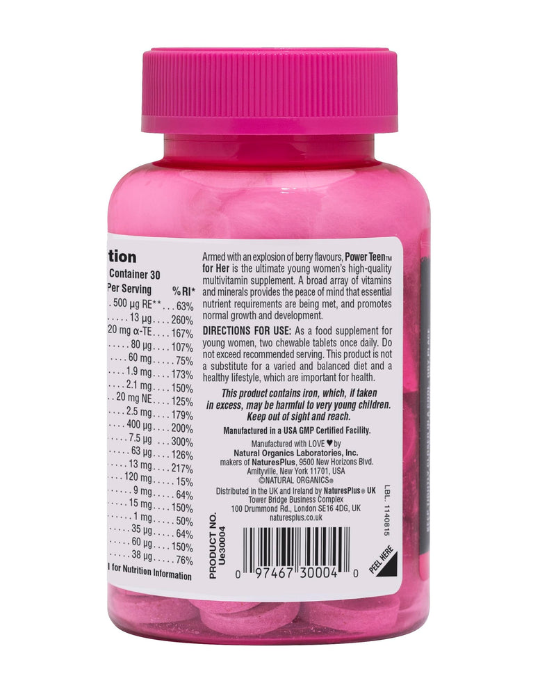 NaturesPlus Source of Life Power Teen for Her - Food Based Chewable Multivitamin Vitamins for Teenagers - Vegan, Gluten Free - 60 Chewable Tablets 60 count (Pack of 1)