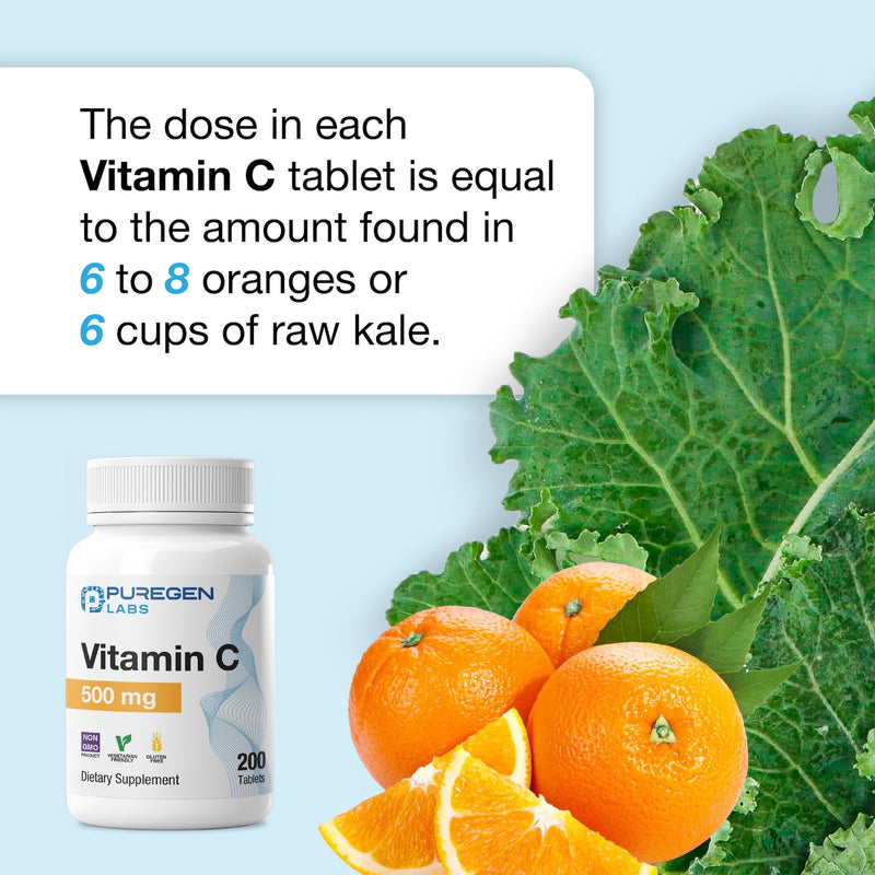 Puregen Labs Vitamin C 500 MG Supports a Healthy Immune System & Antioxidant Protection | Non-GMO | Gluten Free - 200 Tablets 200 Count (Pack of 1)