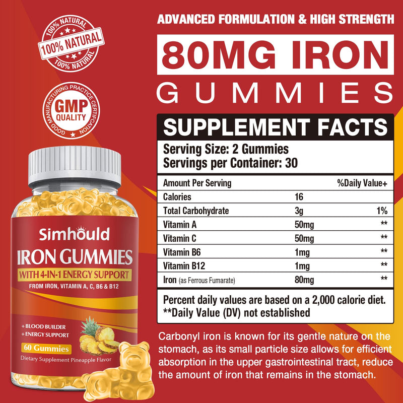 1 Pack Vegan 80MG Iron Supplement Gummies for Women & Men - Vitamin A, C, B for Adults & Kids - Blood & Builder & Energy Support for Iron Deficiency, Anemia - 60 Counts Pineapple Flavor Gummies Yellow - 1 Pack