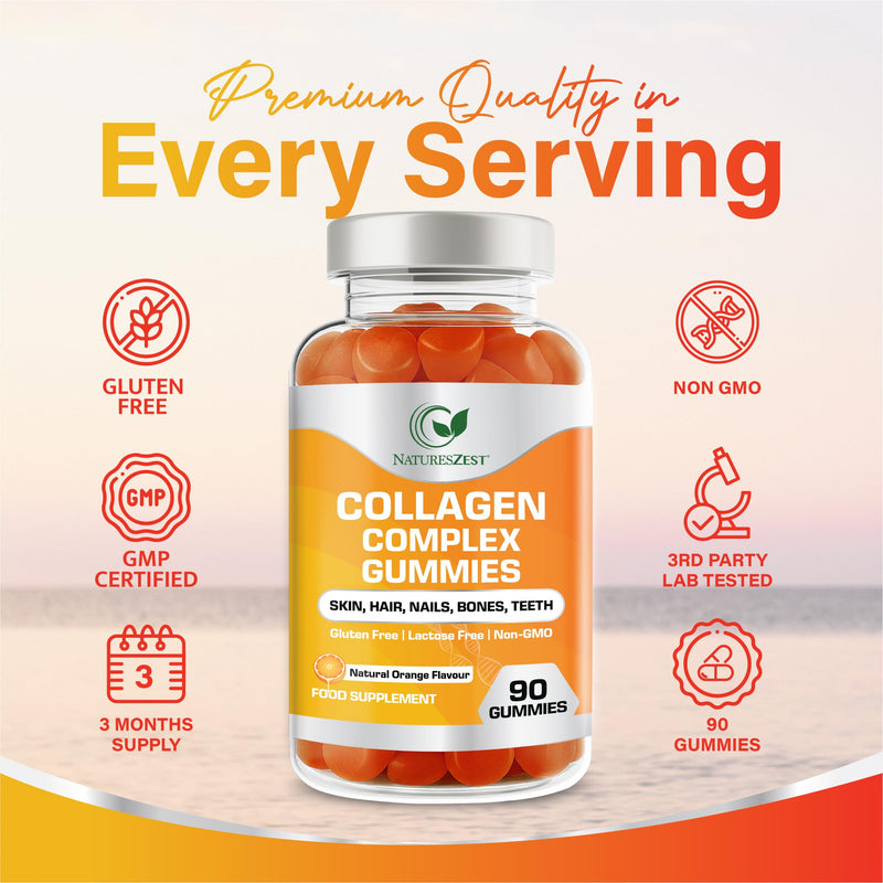 Collagen Complex 500mg - 90 Chewable Gummies | Collagen Gummies with Biotin, Vitamin C & E | Supports Hair, Skin & Nails for Women & Men | Gluten Free, Non-GMO | Natural Orange Flavour