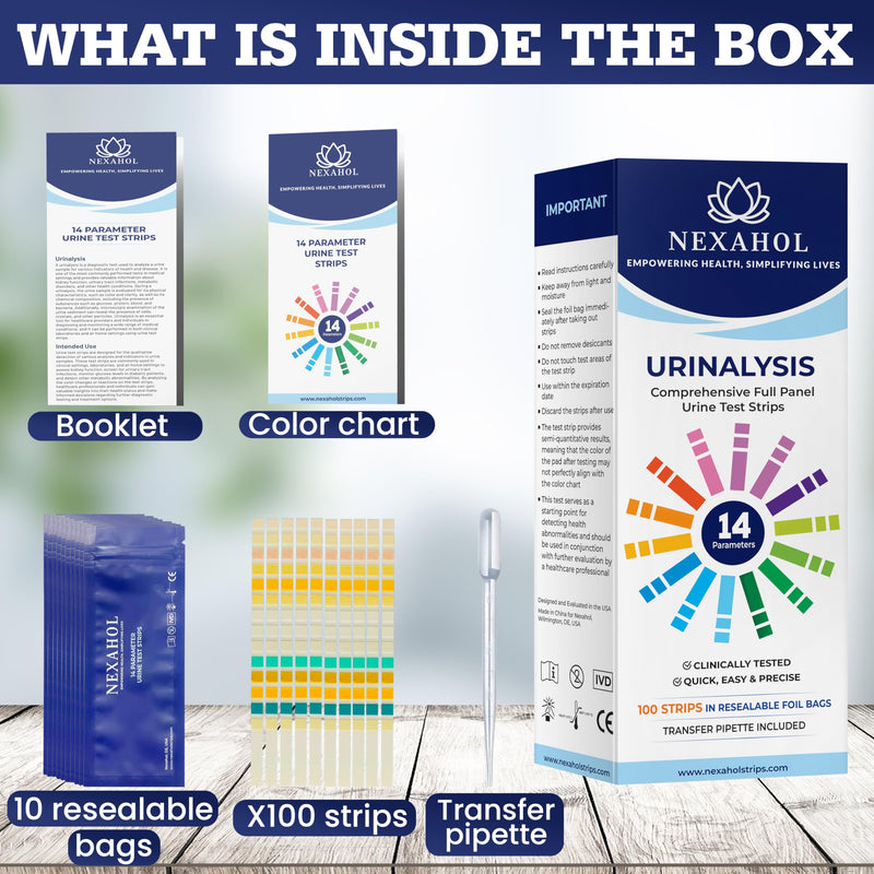 Urine Test Strips for Urinalysis Full Panel - 14 Parameter Urine Test Strips - Urine Dipsticks Urinalysis Multistix with Transfer Pipette and Resealable Foil Bags - 100 Count Home UTI Test Strips