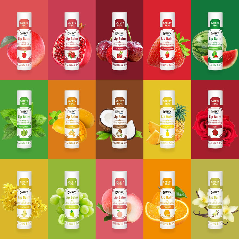DMSKY 30 Pack Lip Balm, Natural Lip Balm Bulk with Vitamin E and Coconut Oil, Moisturizing Soothing Chapped Lips-15 Flavors | Hydrates with Vitamin E & Beeswax, Moisturizing Lip Care for Dry Chapped Lips C-30 Count