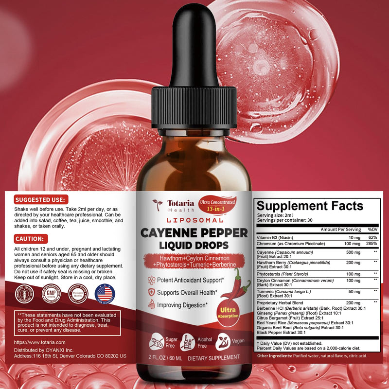 [Australia] - Cayenne Pepper Drops Liposomal Liquid Supplement, 13-in-1 Cayenne Pepper Drops with Beet Root, Vitamin B3, Hawthorn Berry, Panax Ginseng, Berberine, Ceylon Cinnamon, Turmeric Curcumin Extract 1 