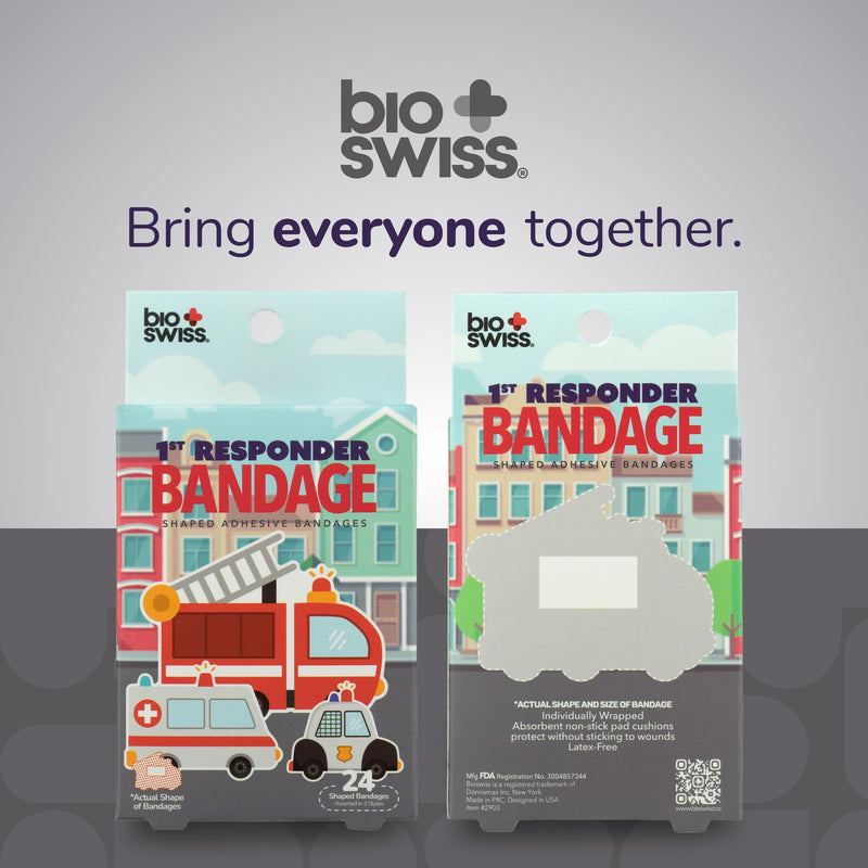 [Australia] - BioSwiss Bandages, First Responders Shaped Self Adhesive Bandage, Latex Free Sterile Wound Care, Fun First Aid Kit Supplies for Kids and Adults, 24 Count 24-Count Box 