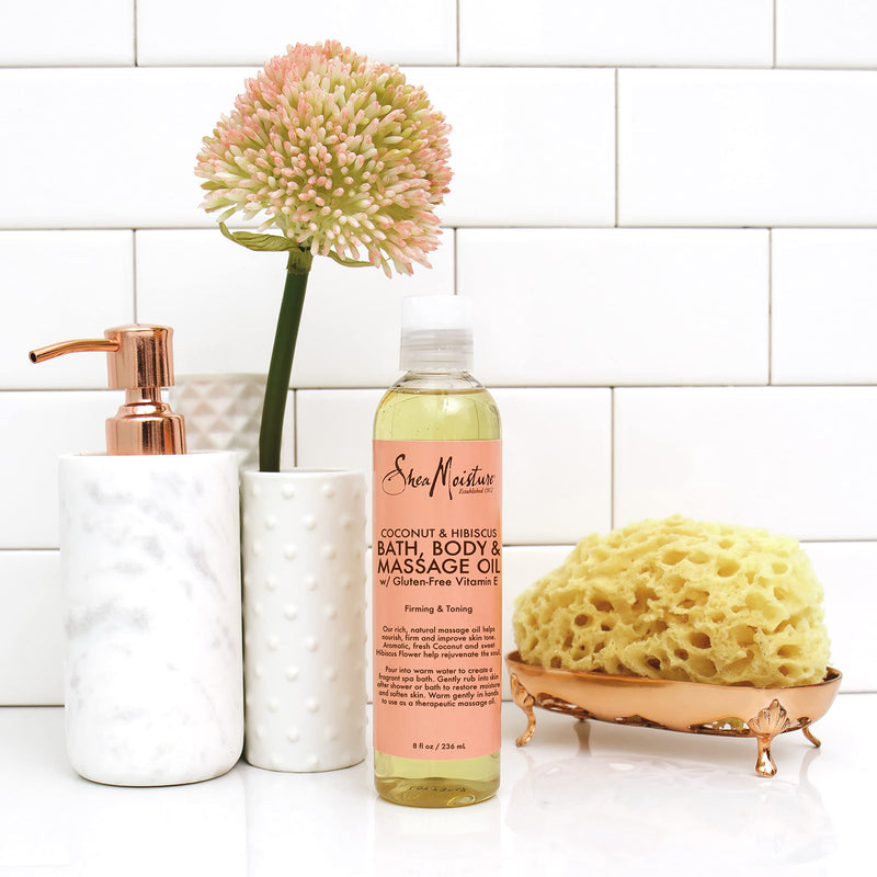 Shea Moisture Coconut & Hibiscus Massage Oil and Body Oil for Dry Skin, Bath Oil with Coconut Oil and Vitamin E Oil for Skin, 8 oz | For Dull Skin. Creates glowing skin.