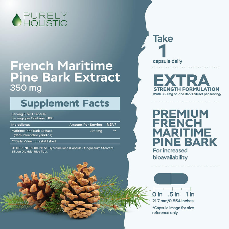 [Australia] - Purely Holistic Pine Bark Extract 350mg 180 Vegan Capsules 95% Proanthocyanidins - French Maritime Pine Bark Extract - Non GMO & Pesticide Free Antioxidant Supplement 