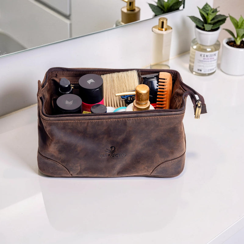 Leather Toiletry Bag, Grooming Travel Pouch, Shaving Kit Toiletries, Makeup Kit Organizer with Waterproof Lining, Handcrafted Vintage leather, best gift for Men & Women (DARK BROWN) DARK BROWM 1