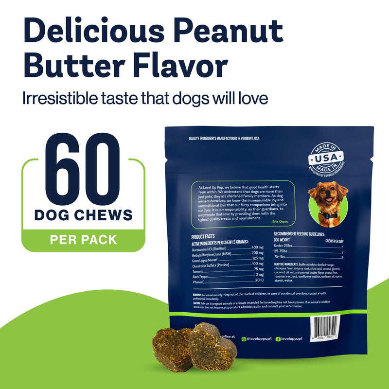 Dog Hip & Joint Supplement | Advanced Inflammation & Pain Relief with Glucosamine, Chondroitin, MSM, Hyaluronic Acid, Green Lipped Mussel, Turmeric, and Vitamin E. 60 Peanut Butter Chews - PawsPlanet Australia