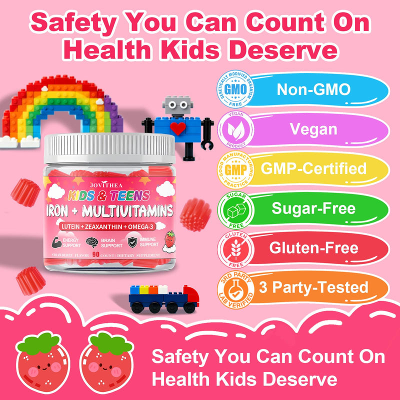 Iron Gummies for Kids with Vitamin C, Immune, Blood Builder & Energy, 180Ct | Kids Multivitamin with Calcium, Zinc, Folate, Iron Deficiency, Anemia & Brain Health, Vegan, Non-GMO, Strawberry Flavor 90 Count (Pack of 2)