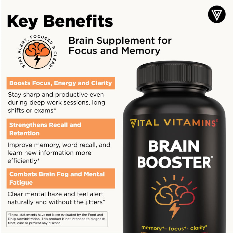 Vital Vitamins Brain Booster Supplements for Memory and Focus, 30 Capsules | Brain Health Support for Adults and Seniors with Bacopa Monnieri & Ginkgo Biloba, Non-GMO, Caffeine-Free & Stimulant-Free 30 Count (Pack of 1)