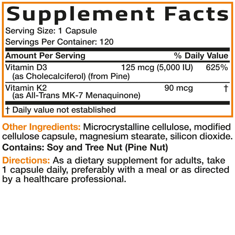Bronson Vitamin K2+D3 Vegan 2 in 1 Support Vitamin K2 As MK-7, 120 Capsules | Vegan 2-in-1 Immune, Bone & Heart Health Support Formula, Gluten Free, Non GMO 120 Count (Pack of 1)
