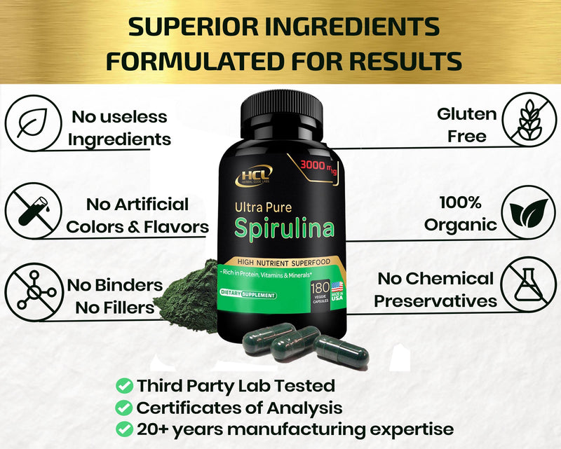 [Australia] - Organic Spirulina Powder Capsules 3000 mg - Purest Non-Irradiated Blue Green Algae - Best Raw Vegan Protein - Green Superfood - Natural Multivitamins – 180 pills Made in The USA 