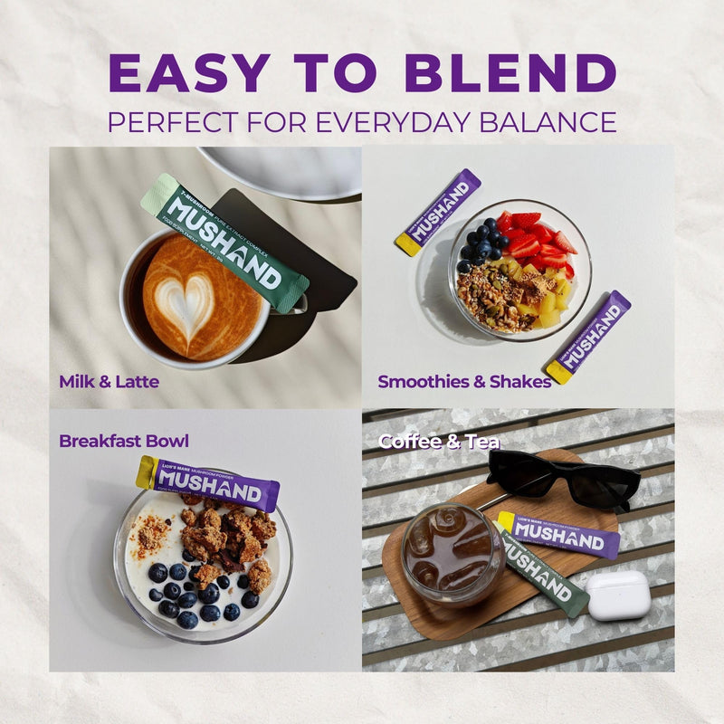 7 Mushroom Extract Blend 20 Sachet Pack | for Body Balance, Focus & Calm | Easy to Mix into Coffee & Drinks | No Scoop, No Mess | Vegan | 20 x 2g
