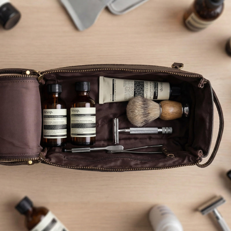 Full Grain Leather Toiletry Bag for Men & Women – Water-Resistant Travel Shaving Kit Organizer with YKK Zipper, Spacious Bathroom Grooming & Cosmetic Storage Case - Walnut Brown Distressed Brown