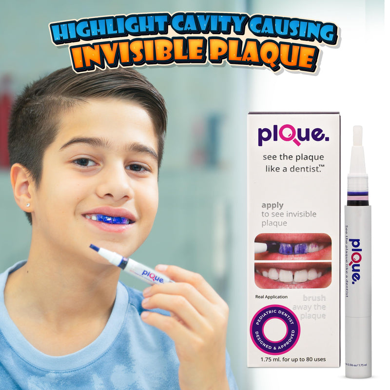 PLQUE Disclosing Gel Pen (90 Uses) - Tooth Plaque Detector for Better Brushing, Purple Stain Formula Reveals Invisible Cavity Causing Plaque, Kids and Adults Oral Care Tool, Pediatric Dentist Design