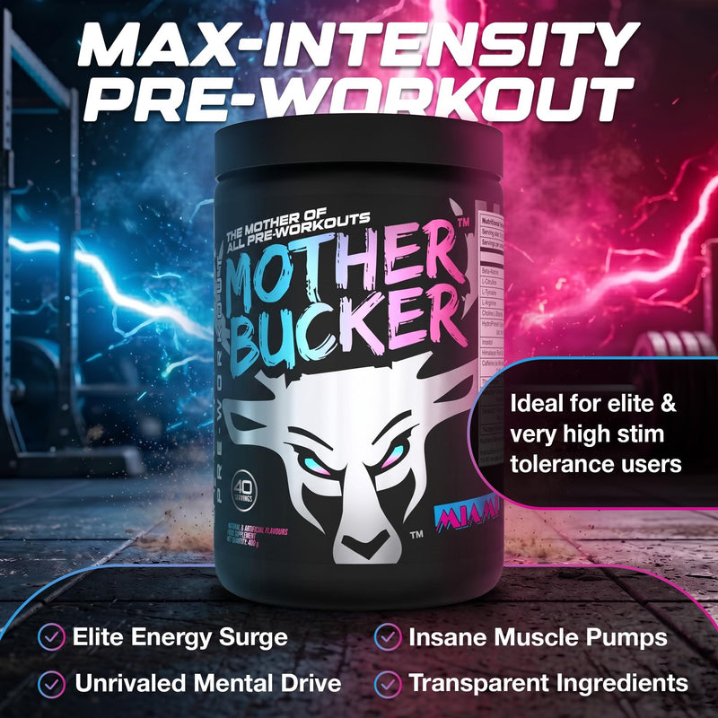 Bucked Up Mother Bucker Pre-Workout Powder | Caffeine, Energy & Endurance Blend | Sugar Free, Keto Friendly | No Proprietary Blends | Miami Flavour | 40 Servings