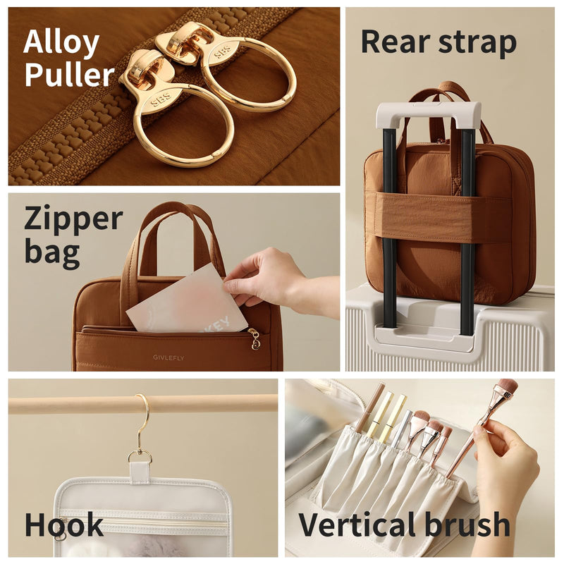 GIVLEFLY Luxury Hanging Makeup Bag for Women, Large 4-Layer Foldable Waterproof Cosmetic & Skincare Organizer with Handle, Fits Suitcase & Train Seat for Travel（brown） Brown