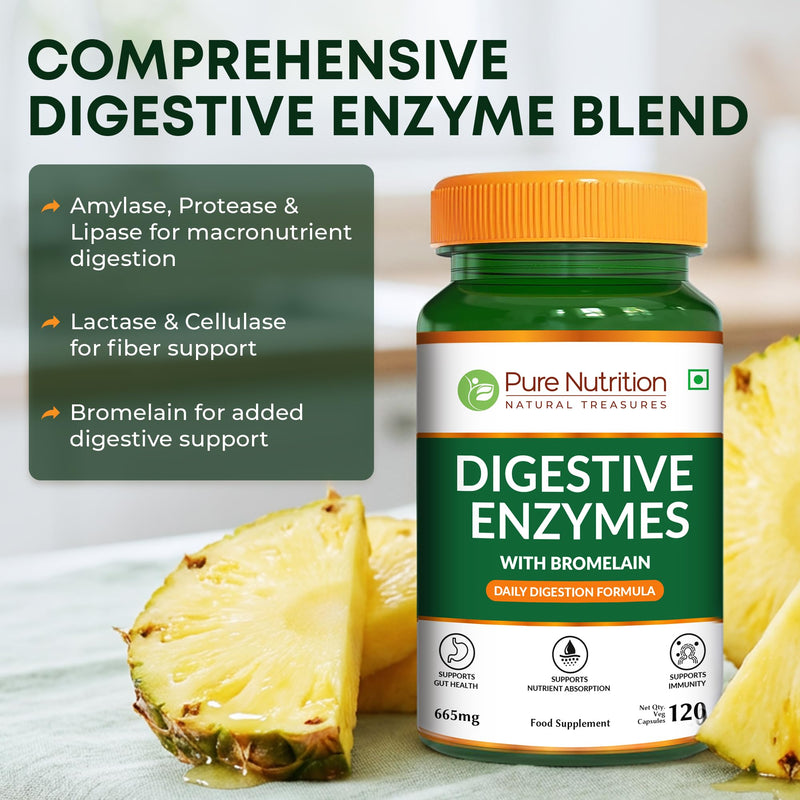 Pure Nutrition Digestive Enzymes with Bromelain | 120 Veg Caps | Gut Health & Metabolism Support* Formula with Digestive Enzyme Blend of Amylase, Lipase, Protease, Cellulase & Lactase.