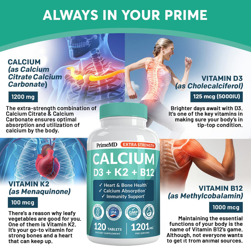 4-in-1 Calcium 1200 mg with Vitamin D3 K2 - Extra Strength Calcium Supplements for Women & Men with D3 K2 Vitamin 5000 IU - Everyday Vitality Supplement - Vegan-Friendly, Gluten-Free, Non-GMO (240ct) 120 Count (Pack of 2)