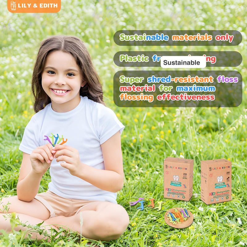 LILY & EDITH Kids Plant Based Dental Floss Picks 200 Counts, Fluoride Free, Corn Starch Material, Chemical Free, Fun Animal Flossing Sticks, Ultra Sturdy Thread, Zero Waste Package (Strawberry) Strawberry