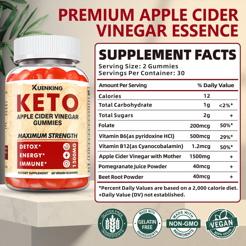 Keto ACV Gummies Advanced Formula, Apple Cider Vinegar with Mother & Lemon Honey Flavor, Vitamins B6 & B12 - Vegan & Non-GMO - Supports Gut Health, Metabolism & Fat Burn for Women (60 Count)