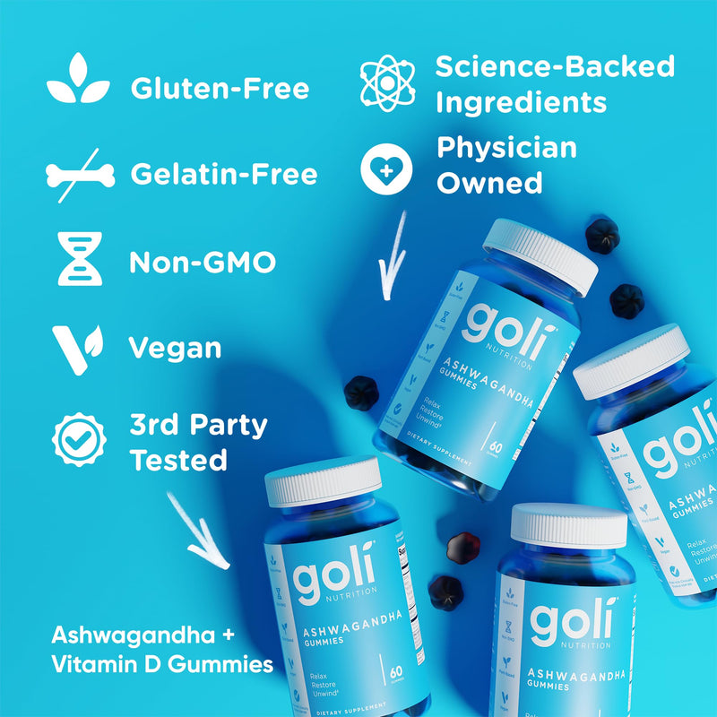Goli Ashwagandha & Vitamin D Gummy 120 Count - Relax. Restore. Unwind. (Mixed Berry, KSM-66, Vegan, Plant Based, Non-GMO, Gluten-Free & Gelatin Free), Pack of 2 Mixed Berry