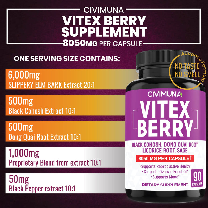 [Australia] - Vitex Berry Extract Capsules | 8050mg | 90 Capsules - 3 Months Supply | Vitex Berry, Black Cohosh Root, Dong Quai Root 
