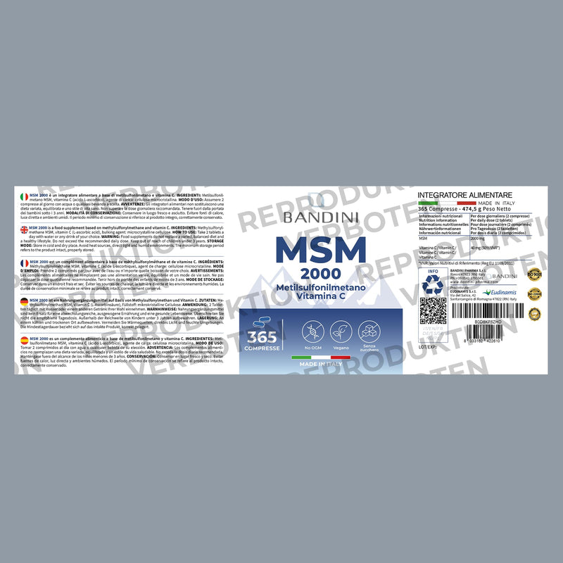 [Australia] - Bandini® MSM 2000 mg + natural vitamin C | 365 tablets instead of capsules (6 months) with methylsulfonylmethane | For hair, skin, joints and nails | Highly dosed, vegan, laboratory tested, without additives 365 pieces (pack of 1) 