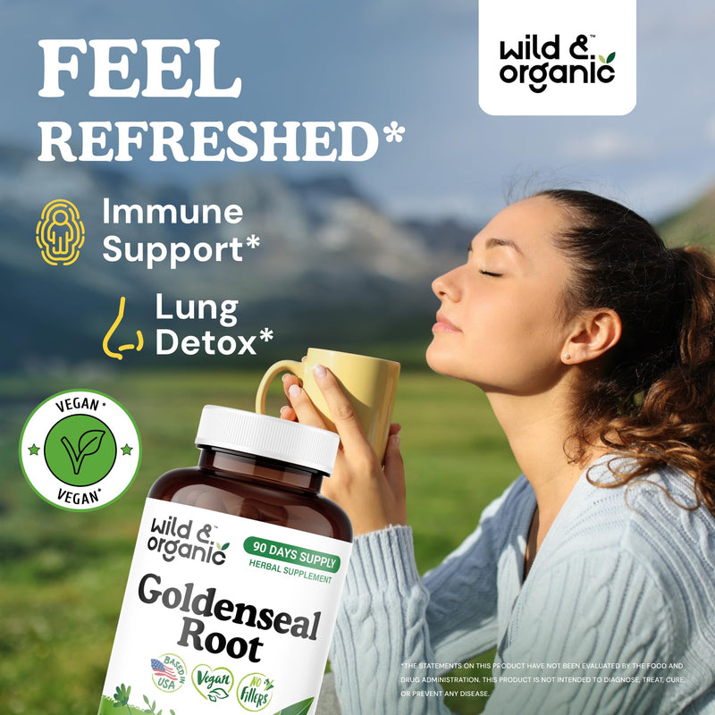 [Australia] - Wild & Organic Goldenseal Root Capsules 1000mg - Immune & Lung Support - 180 Goldenseal Powder Capsules - 90 Days Supply - Vegan, No Fillers, Non-GMO 