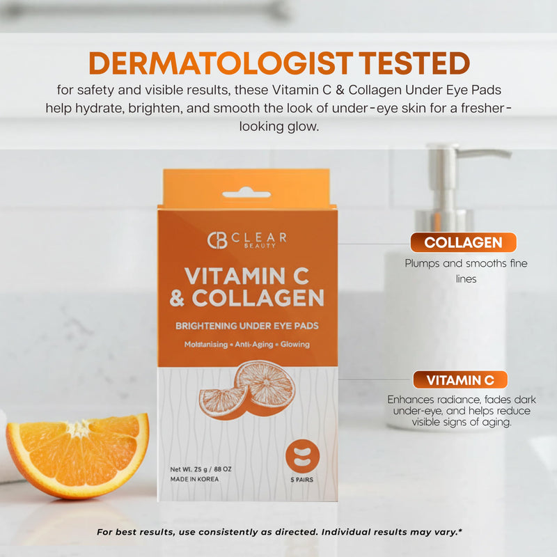 Clear Beauty Vitamin C & Collagen Under Eye Patches – Firming & Hydrating Eye Pads For Dark Circles & Puffiness – Dermatologist Tested, Anti-Aging Korean Skin Care – Clean Beauty, Non-GMO – 5 Pairs
