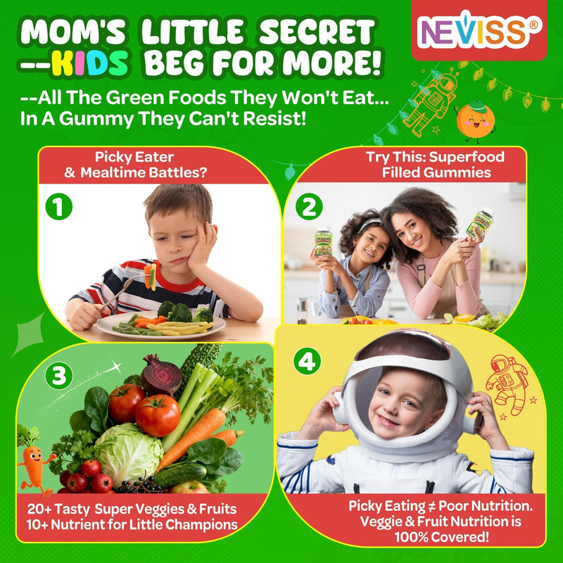 Kids Teens Ages 4–17 Multivitamin with Iron Omega 3, D3 K2, Picky Eater Vitamin Super Greens Gummies, Boys Girls Organic Fruits Veggies Superfood Gummy, Mushroom | Immune Bone Brain, 2Pack