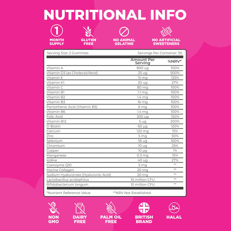 Women’s Multivitamin Gummies – 25 Essential Vitamins, Minerals & Probiotics | with Marine Collagen, Hyaluronic Acid, Biotin, Folic Acid, B5, B6, B12, C & D3 | Sugar-Free & Gluten-Free | 1 Month Supply