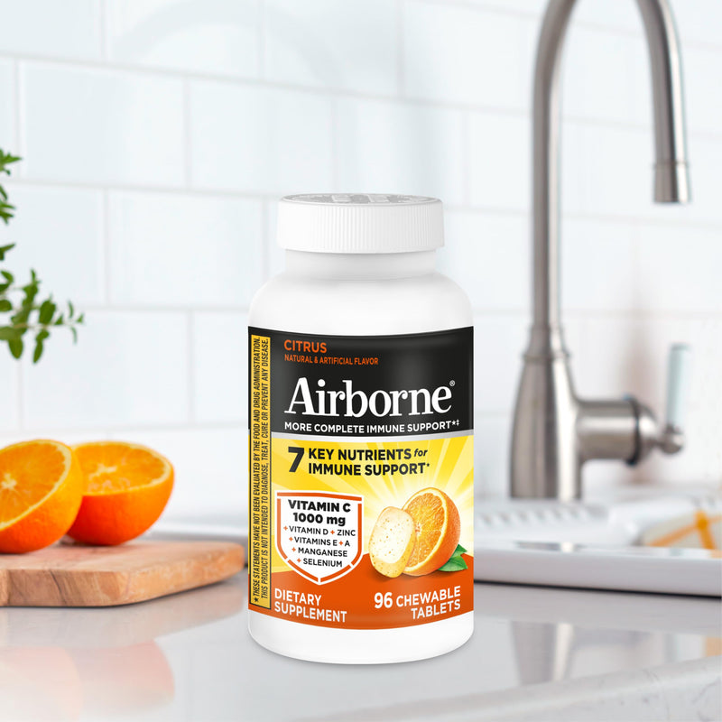 Airborne Vitamin C 1000mg (per Serving) - Citrus Chewable Tablets (96 Count in a Box) - Packaging May Vary | Antioxidants Vitamins A, D & E + Zinc, Selenium, and Manganese, Herbal Blend, Multivitamin Supplements, Immune Health, Tasty 96 Count (Pack of 1)