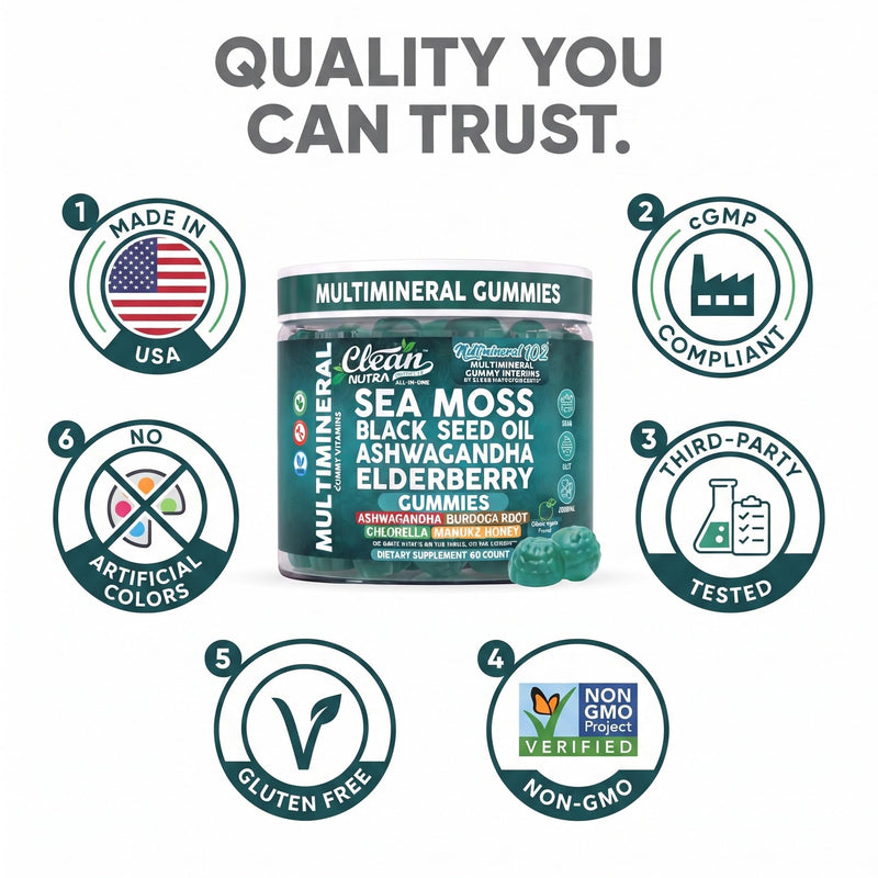 Sea Moss Gummies | Clinically Tested - Black Seed Oil Ashwagandha Elderberry Burdock Root Chlorella Manuka Honey - Vegan Irish Sea Moss Gummy Vitamins for Adults Kids Men Women - Green Apple Flavor 1
