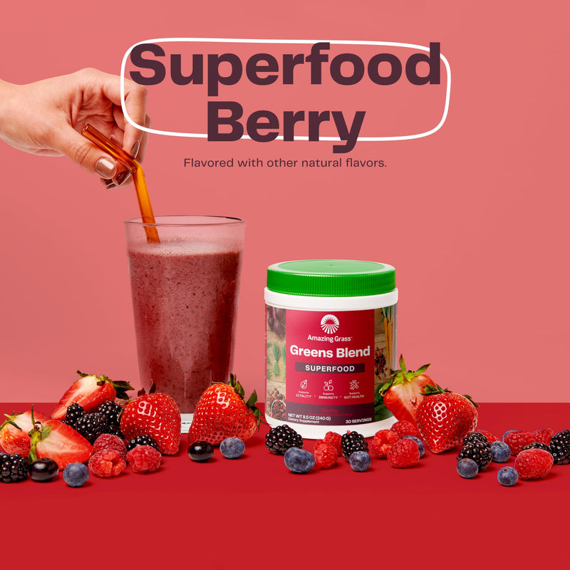 [Australia] - Amazing Grass Greens Superfood Powder: Greens Powder with Digestive Enzymes & Probiotics, Organic Spirulina, Chlorella, and Beet Root Powder, Berry, 30 Servings (Packaging May Vary) 30 Servings (Pack of 1) 