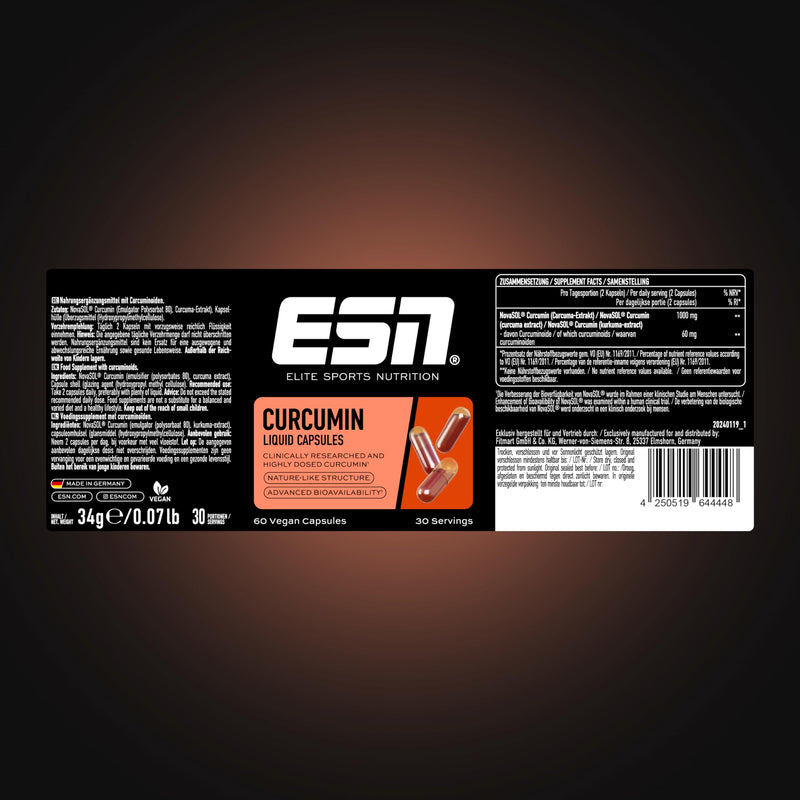 ESN Curcumin Liquid Capsules, 60 Turmeric Capsules, 1000 mg Curcumin per Serving, Made from Patented NovaSOL, 185 Times Higher bioavailability Thanks to Liquid Form, Vegan