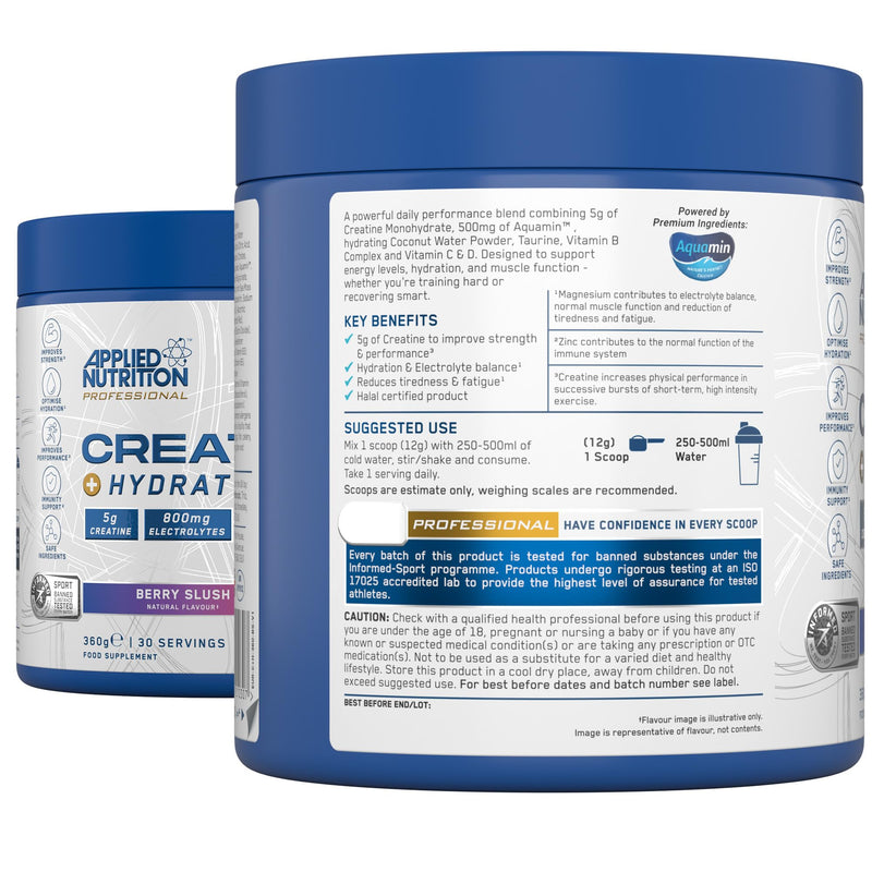 Applied Nutrition Creatine + Hydration Powder | Creatine Monohydrate, Electrolytes & Vitamins for Recovery & Hydration | Berry Slush | Informed-Sport Certified | 360g | 30 Servings 30 Servings (Pack of 1)