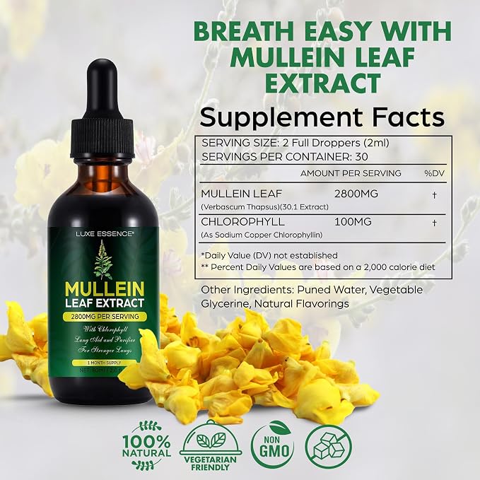 Mullein Drops for Lungs 300,000‬mg, Lung Detox & Cleanse, 16 in 1 Vegan Mullein Leaf Extract Tincture with Chlorophyll, Elderberry, etc, Natural Herbal Supplement for Respiratory, Immune, 30 Servings Natural Flavor 2 Fl Oz (Pack of 1)