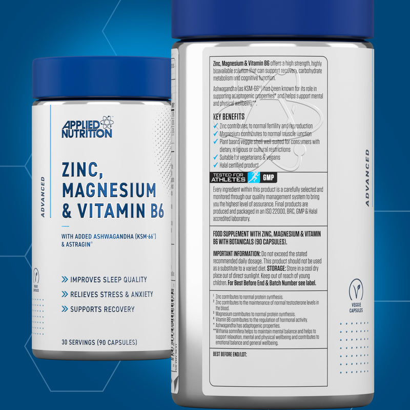 Applied Nutrition Zinc, Magnesium & Vitamin B6 with Ashwagandha Capsules - Natural Support for Hormonal Balance, Sleep Support & Stress Relief - 90 Capsules (30 Servings)