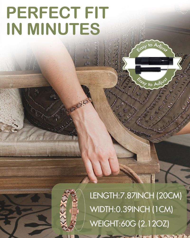 [Australia] - Feraco Pure Copper Bracelets for Women, 5X Ultra Strength Magnetic Bracelet with 5000 Gauss Neodymium Magnets & Upgraded Butterfly Clasp, Adjustable Jewelry Gift Copper Clover 