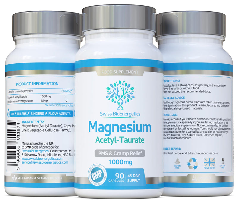 Magnesium Acetyl Taurate 1000mg Daily Dose – 45 Day Supply - Easily Absorbable - PMS, Cramps, Migraine & Sleep Support - No Fillers or Binders – Alternative to Magnesium L-Threonate - UK Made