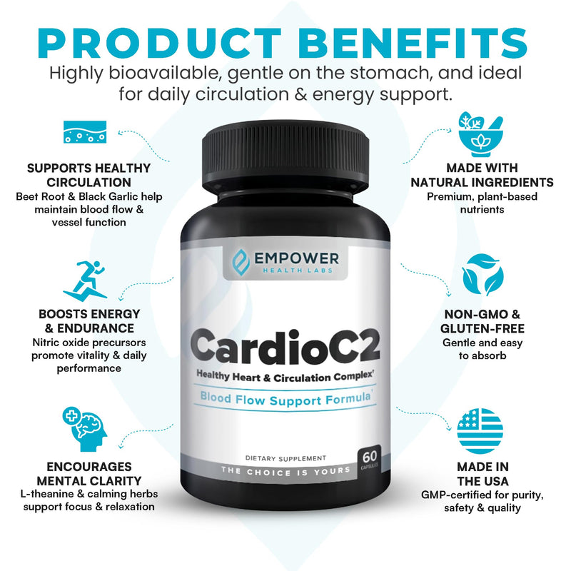 CardioC2 Circulation & Energy Support – Doctor-Formulated Blend with Beet Root, Black Garlic, Hawthorn & CoQ10 – Supports Healthy Blood Flow, Energy & Clarity – 60 Capsules