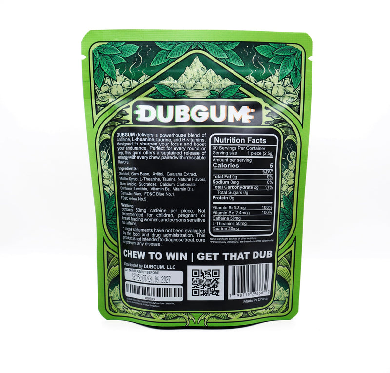 Glacier Green | Spearmint Flavor, Caffeine Gum, L-theanine, Taurine, Vitamin B12 and B6. Pouch (1) 1
