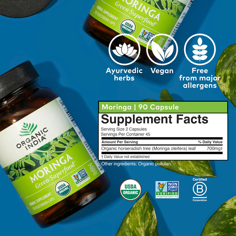 ORGANIC INDIA Moringa Herbal Supplement - Green Superfood, Nutrient Dense, Pure Plant Protein, Vitamin A, E, K, Iron, Calcium, Fiber, Vegan, Gluten-Free, USDA Certified Organic - 90 Capsules 90 Count (Pack of 1)