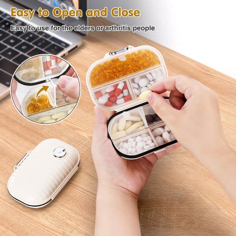 [2 Pack] Zannaki Pill Case Portable Small Weekly Travel Pill Organizer, Cute Moisture Proof Pill Box Holder for Purse, Daily Mini Pocket Pharmacy Medicine Container for Vitamin, Fish Oil, Supplement Beige/Large-2 Pack