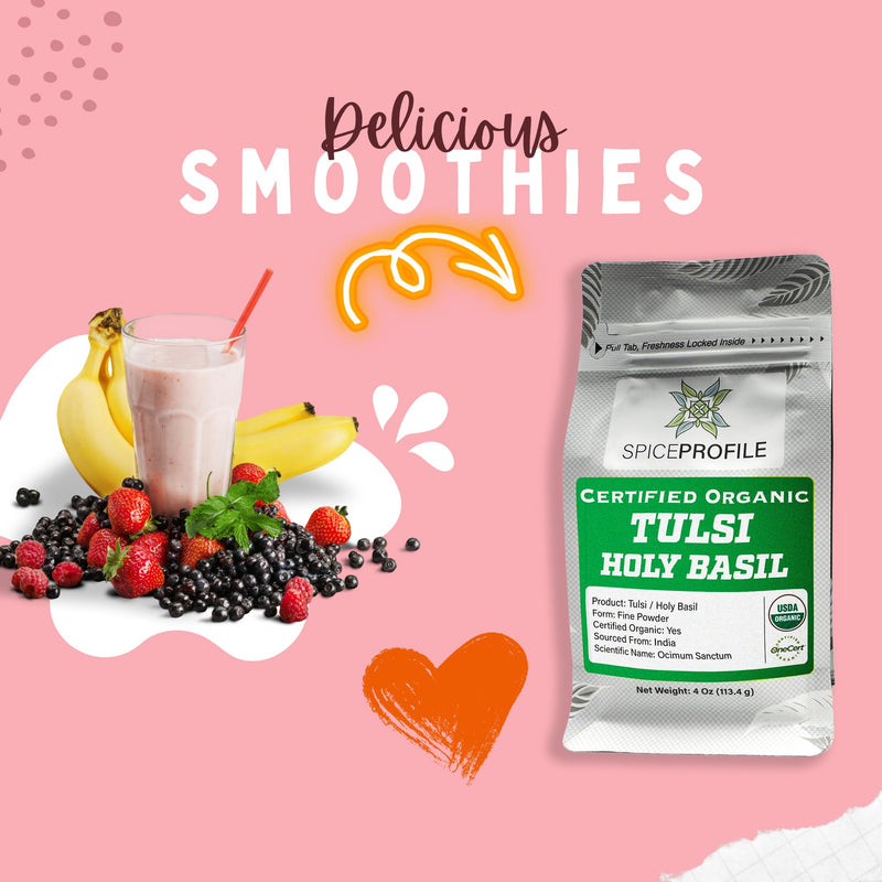 [Australia] - Spice Profile | USDA Certified Organic Holy Basil (Tulsi Leaf) Powder | Resealable 4oz Pouch | For Vitality & Wellness | Perfect for Teas & Drinks 